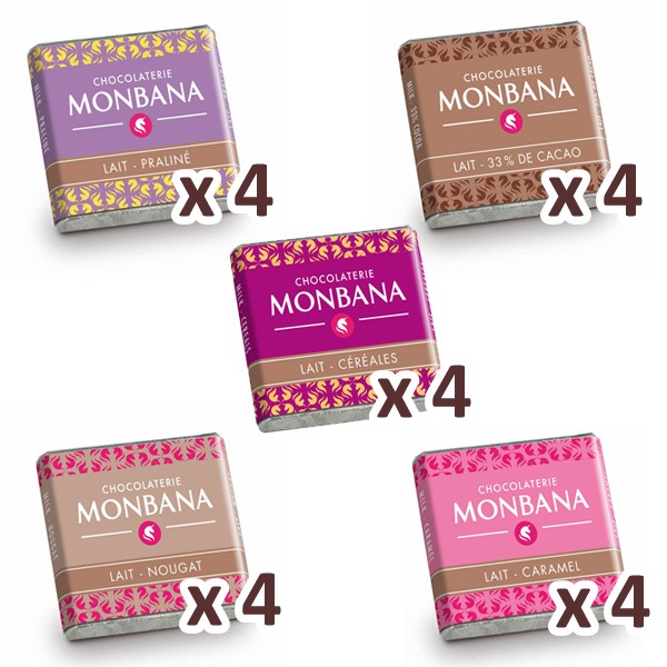 Sachet assortiment de carrés de chocolat au lait 5 saveurs x 20 - MONBANA -  MAPALGA CAFES