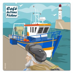 Plaque décorative Le Pêcheur à quai avant l'embarquement - CAFÉ DU VIEUX PÊCHEUR 19x19 cm