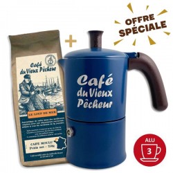 Lot cafetière Moka 3 Tasses CAFÉ DU VIEUX PÊCHEUR tous feux sauf induction - ANGELINA MADE IN ITALY+ café moulu 250g LOUP DE MER