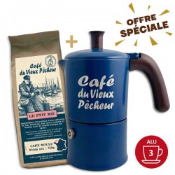 Lot cafetière Moka 3 T CAFÉ DU VIEUX PÊCHEUR tous feux sauf induction - ANGELINA MADE IN ITALY + 250g café moulu LE PTIT MIC