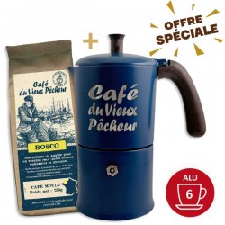 Lot cafetière Moka 6 Tasses CAFÉ DU VIEUX PÊCHEUR tous feux sauf induction - ANGELINA MADE IN ITALY + 250g café moulu BOSCO