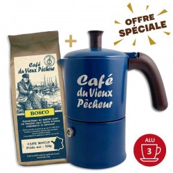 Lot cafetière Moka 3 Tasses CAFÉ DU VIEUX PÊCHEUR tous feux - ANGELINA MADE IN ITALY + 250g café moulu BOSCO