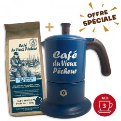 Lot cafetière Moka 3T CAFÉ DU VIEUX PÊCHEUR tous feux - ANGELINA MADE IN ITALY + 250g café moulu LE CAOUA DU SOIR