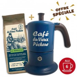 Lot de cafetière Moka 6 Tasses CAFÉ DU VIEUX PÊCHEUR tous feux - ANGELINA MADE IN ITALY+ 250g café moulu LA BISTOULE