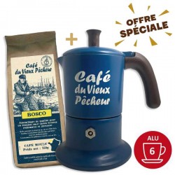 Lot cafetière italienne Moka 6 Tasses CAFÉ DU VIEUX PÊCHEUR tous feux - ANGELINA + 250g café moulu BOSCO